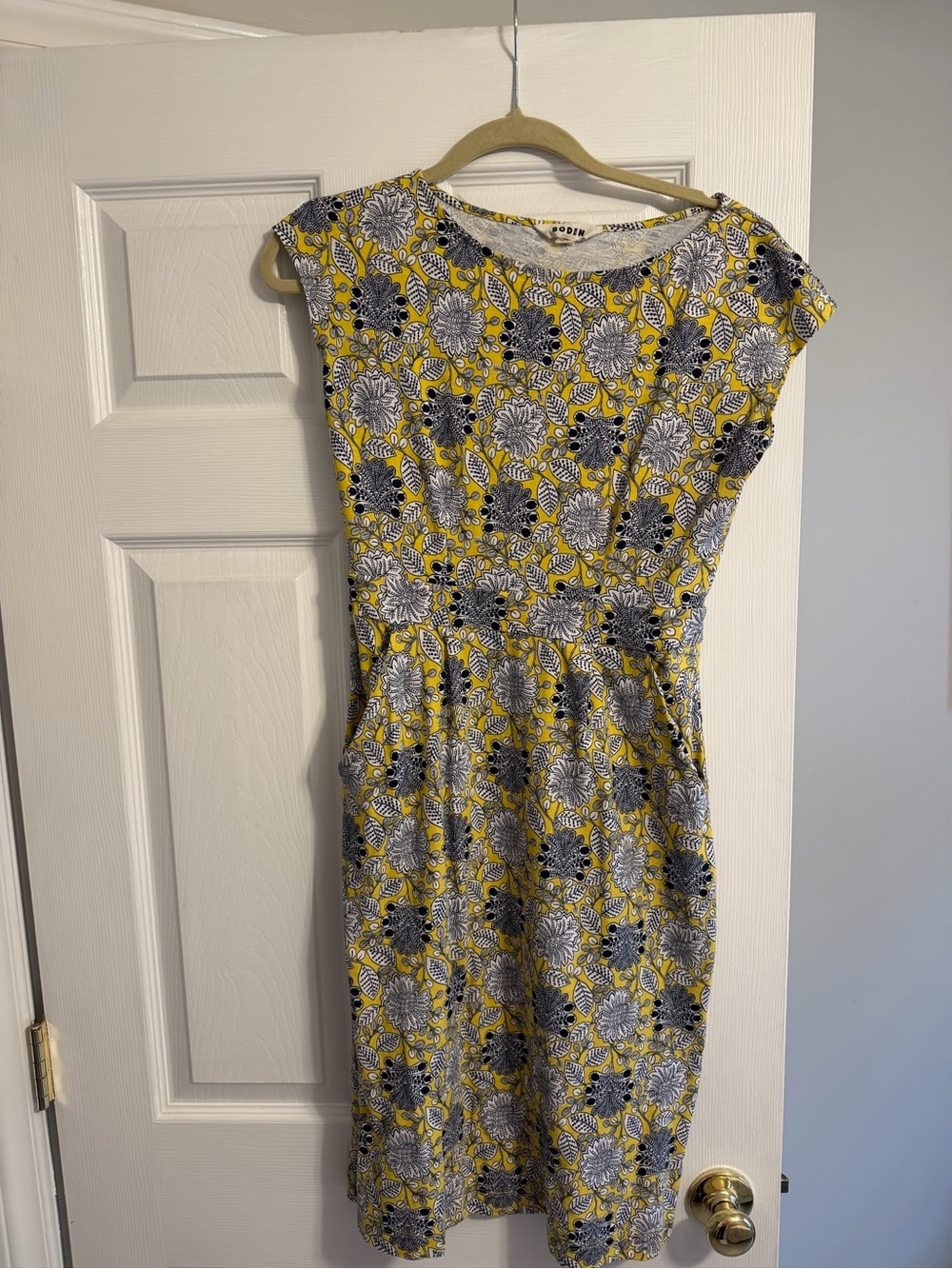 Boden Yellow Floral-Print Midi Dress with Black & White Flowers